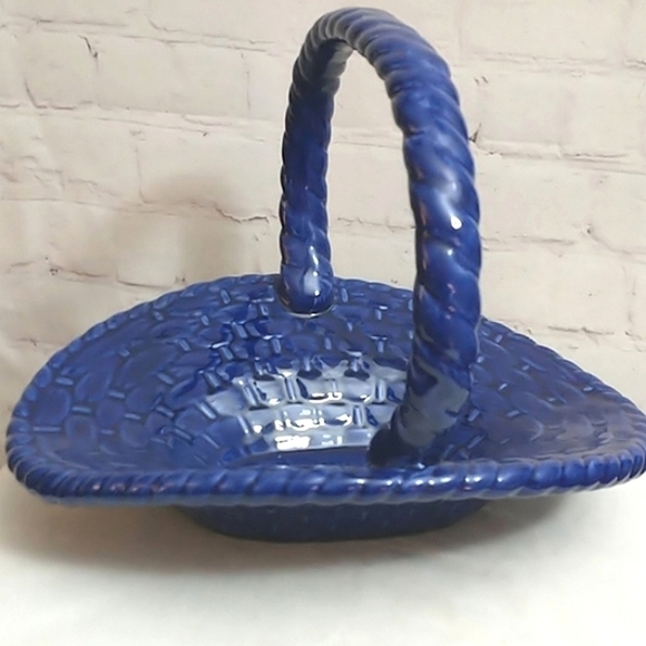 VINTAGE Cobalt Blue Basket Weave Ceramic Basket With Handle 11.75" - Picture 1 of 10